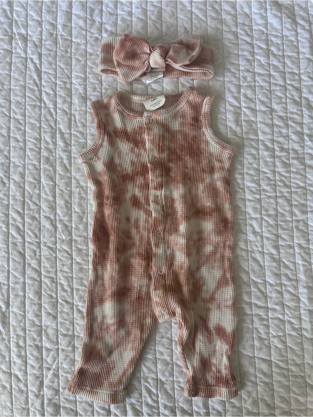 Spearmint Love Sleeveless Tie-Dye Waffle Baby Romper with Headband Bow 3-6 Month